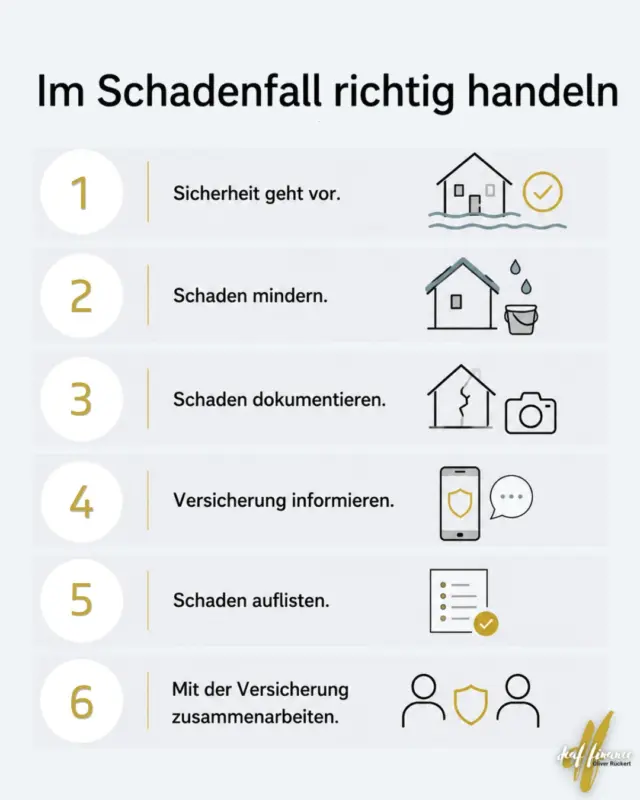 Ein Schaden am Haus oder am Hausrat ist immer ein Schock.
Ob Leitungswasserschaden, Brand, Sturm oder Überschwemmung – in dieser Situation ist es wichtig, Ruhe zu bewahren und die richtigen Schritte einzuleiten.
Hier sind die wichtigsten Punkte:

👉 1. Sicherheit geht vor
Menschenleben haben immer Vorrang. Verlasse bei Gefahr das Gebäude und alarmiere gegebenenfalls Feuerwehr oder Rettungskräfte.

👉 2. Schaden mindern
Versicherte sind verpflichtet, den Schaden möglichst gering zu halten. Das kann zum Beispiel bedeuten:
- Wasser abstellen
- Beschädigte Fenster provisorisch sichern
- Wertgegenstände aus dem Gefahrenbereich bringen

👉  4. Schaden dokumentieren
Mache Fotos und Videos vom Schaden, bevor du mit Aufräumarbeiten beginnst. Dokumentiere möglichst alles aus verschiedenen Perspektiven.

👉  5. Versicherung informieren
Melde den Schaden so früh wie möglich. Je schneller die Versicherung informiert wird, desto schneller kann die weitere Bearbeitung erfolgen. Dabei helfe ich dir selbstverständlich auch!

👉 5. Schaden auflisten
Erstelle eine Übersicht der beschädigten oder zerstörten Gegenstände. Rechnungen, Fotos und Kaufbelege können dabei sehr hilfreich sein.

👉 6. Mit der Versicherung zusammenarbeiten
Beantworte Rückfragen zeitnah und reiche angeforderte Unterlagen vollständig ein. Das beschleunigt die Regulierung oft erheblich. 

💡 Mein Tipp:
Fotografiere deinen Hausrat regelmäßig und speichere die Bilder zusätzlich in einer Cloud. So hast du auch nach einem größeren Schaden noch Zugriff auf wichtige Nachweise.

Ich unterstütze dich, wenn es darauf ankommt. Bei Fragen, Anliegen und vor allem im Schadenfall stehe ich dir zur Seite. Barrierefrei und verlässlich!

#Hausratversicherung #Wohngebäudeversicherung #Schadenfall #Versicherungsschutz #Leitungswasserschaden #Brandschaden #Sturmschaden #Elementarschaden #Hausrat #Finanzwissen #Versicherungstipp #Vorsorge #DeafFinance #BarrierefreieBeratung #Gebärdensprache #VersicherungEinfachErklärt